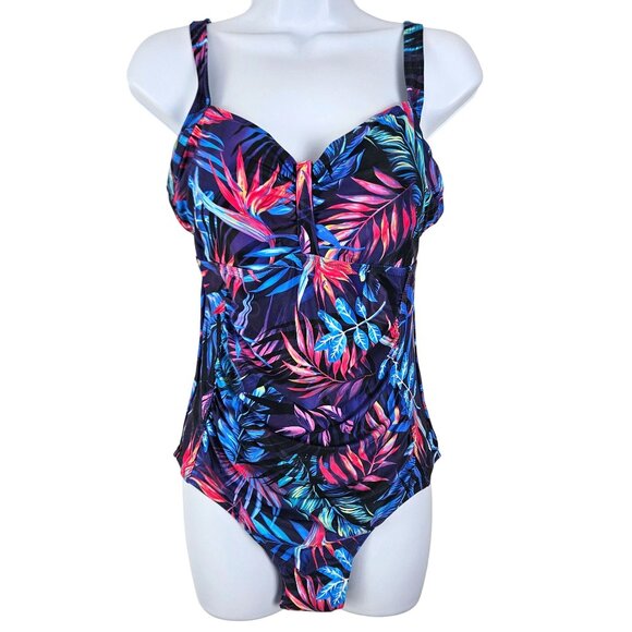 Womens Large Tropical Print One-Piece Swimsuit Adjustable Strap Ruched Detailing - Picture 4 of 10